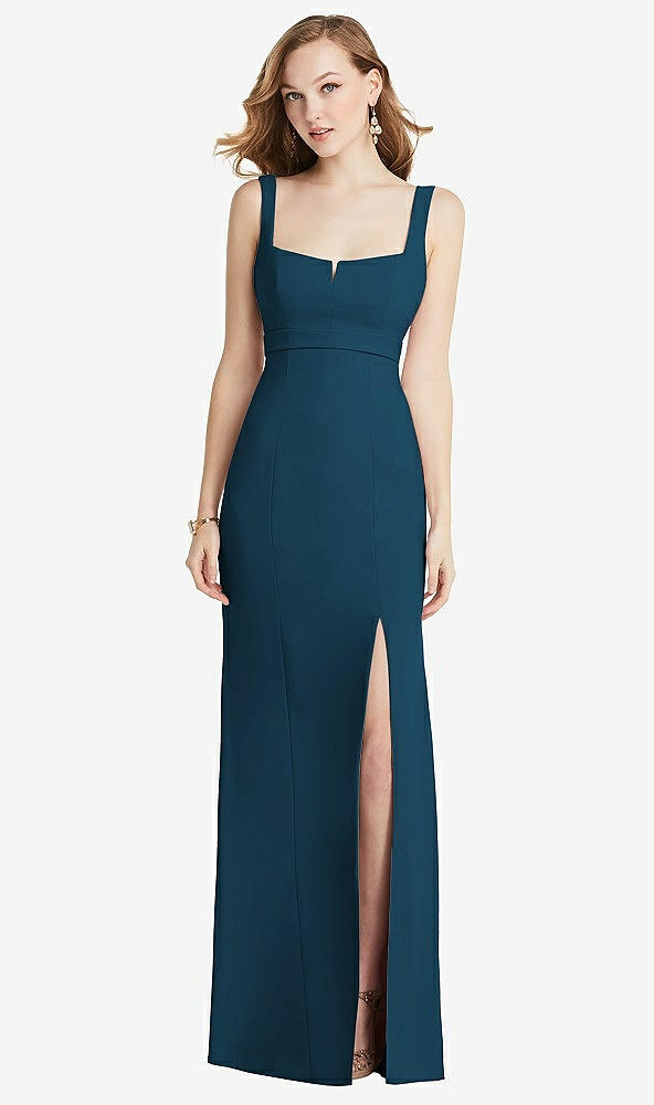 Front View - Atlantic Blue Wide Strap Notch Empire Waist Dress with Front Slit
