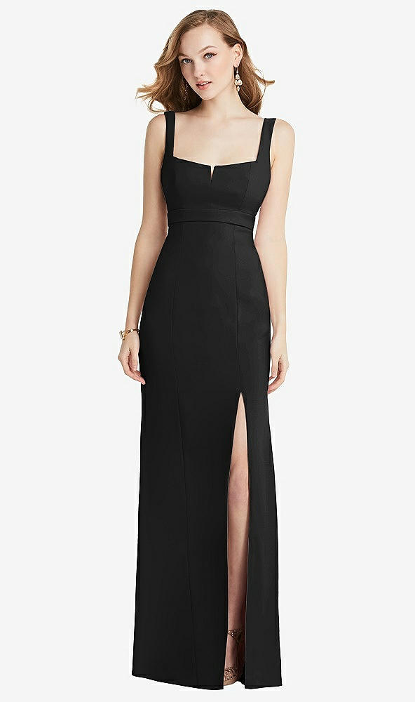Front View - Black Wide Strap Notch Empire Waist Dress with Front Slit