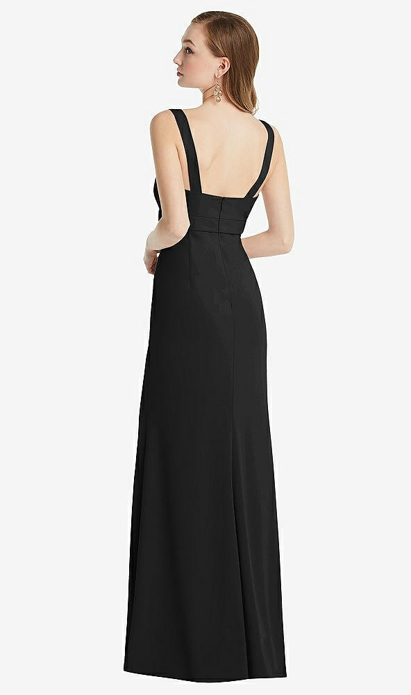Back View - Black Wide Strap Notch Empire Waist Dress with Front Slit