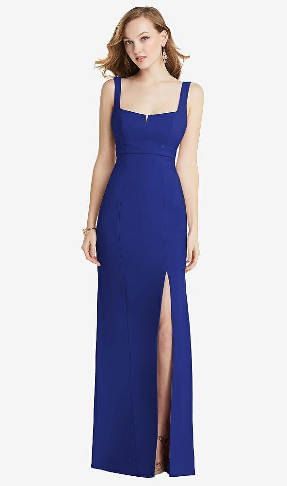 Front View - Cobalt Blue Wide Strap Notch Empire Waist Dress with Front Slit
