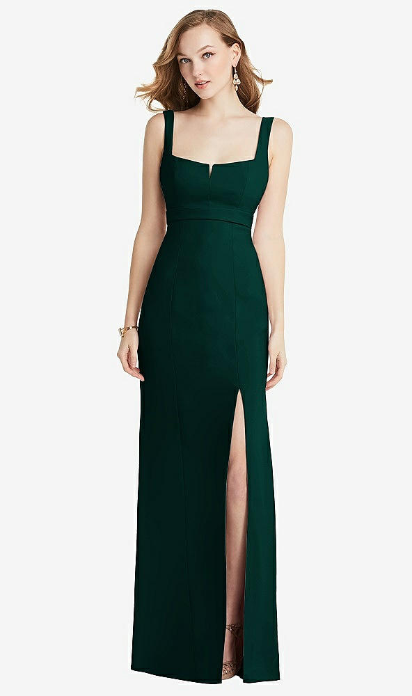 Front View - Evergreen Wide Strap Notch Empire Waist Dress with Front Slit