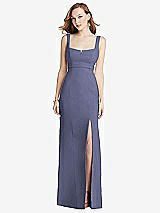 Front View Thumbnail - French Blue Wide Strap Notch Empire Waist Dress with Front Slit