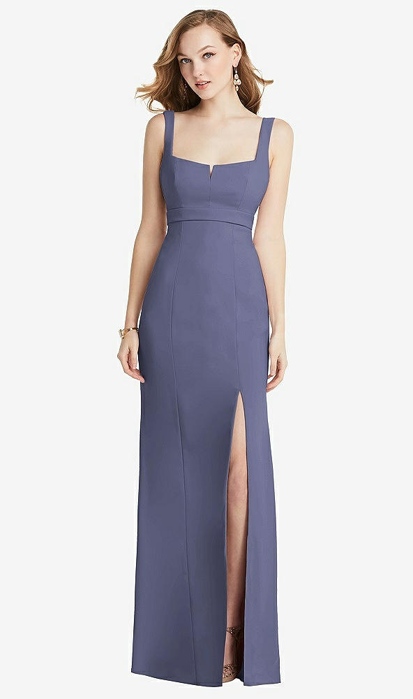 Front View - French Blue Wide Strap Notch Empire Waist Dress with Front Slit