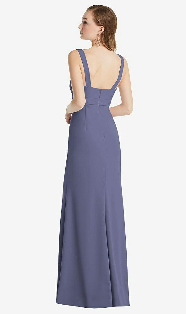 Back View - French Blue Wide Strap Notch Empire Waist Dress with Front Slit