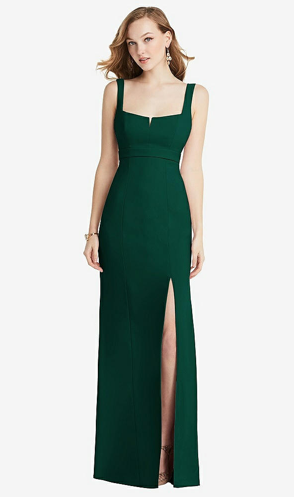 Front View - Hunter Green Wide Strap Notch Empire Waist Dress with Front Slit