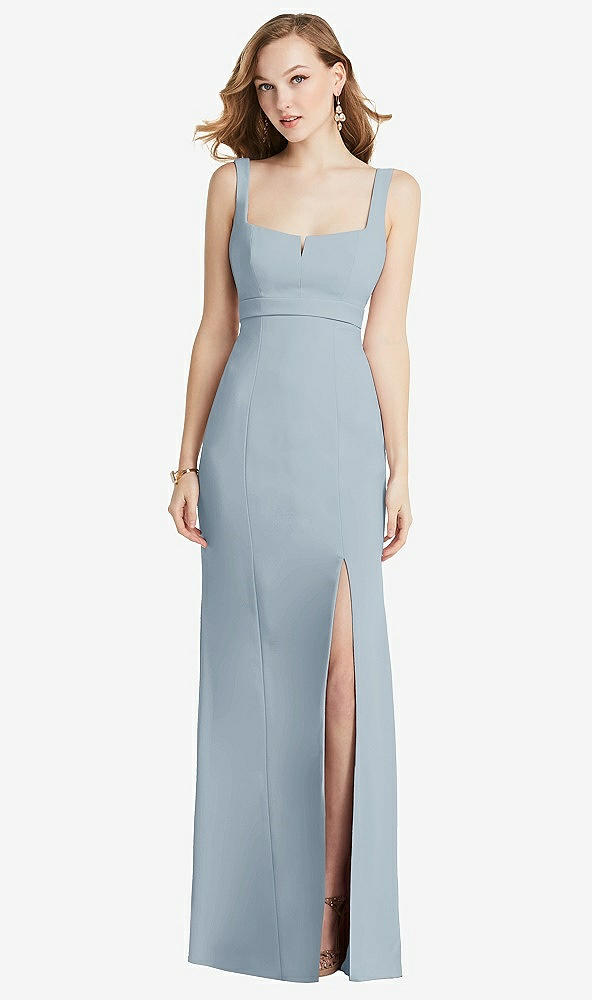 Front View - Mist Wide Strap Notch Empire Waist Dress with Front Slit