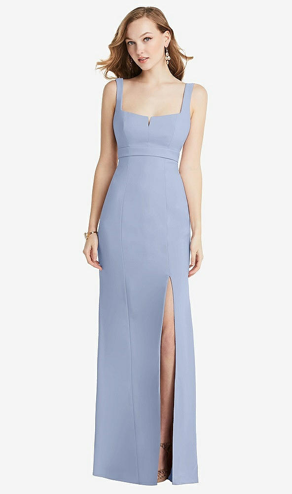 Front View - Sky Blue Wide Strap Notch Empire Waist Dress with Front Slit