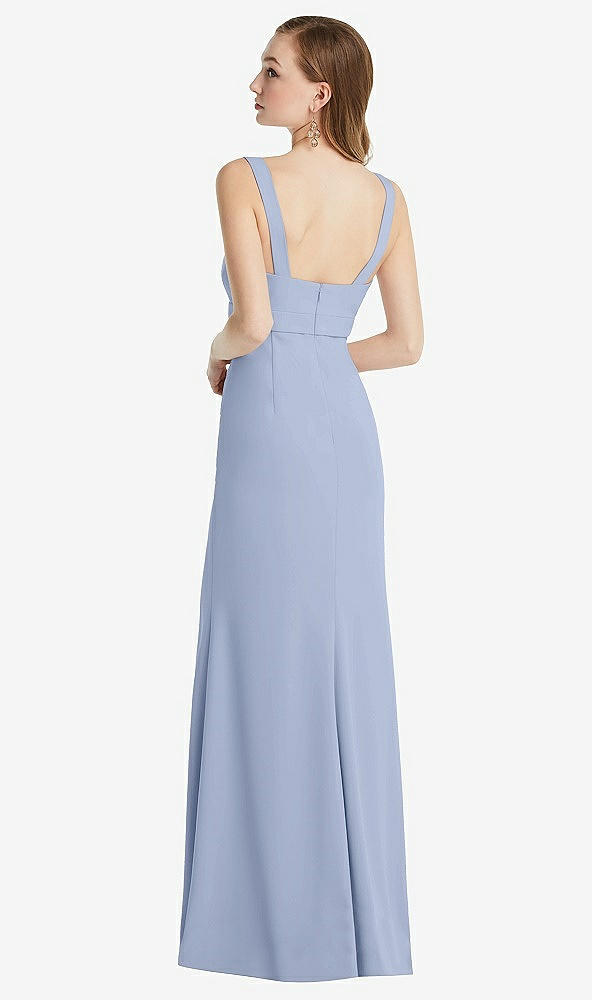 Back View - Sky Blue Wide Strap Notch Empire Waist Dress with Front Slit