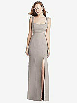 Front View Thumbnail - Taupe Wide Strap Notch Empire Waist Dress with Front Slit