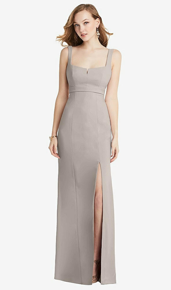 Front View - Taupe Wide Strap Notch Empire Waist Dress with Front Slit