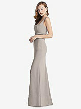 Side View Thumbnail - Taupe Wide Strap Notch Empire Waist Dress with Front Slit