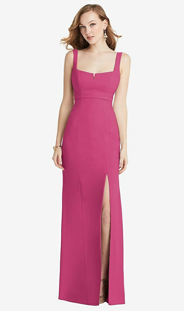 Front View - Tea Rose Wide Strap Notch Empire Waist Dress with Front Slit