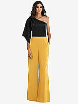 Front View Thumbnail - NYC Yellow & Black One-Shoulder Bell Sleeve Jumpsuit with Pockets