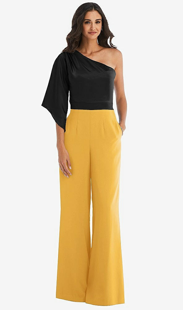 Front View - NYC Yellow & Black One-Shoulder Bell Sleeve Jumpsuit with Pockets