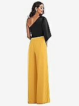 Rear View Thumbnail - NYC Yellow & Black One-Shoulder Bell Sleeve Jumpsuit with Pockets