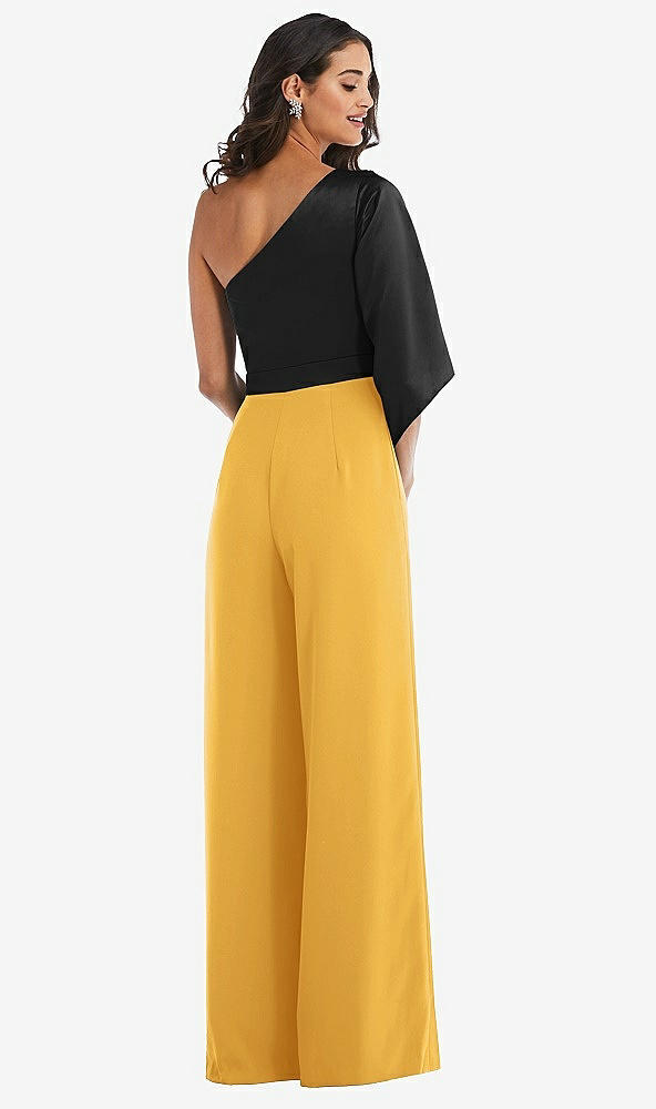 Back View - NYC Yellow & Black One-Shoulder Bell Sleeve Jumpsuit with Pockets