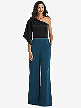 Front View Thumbnail - Atlantic Blue & Black One-Shoulder Bell Sleeve Jumpsuit with Pockets
