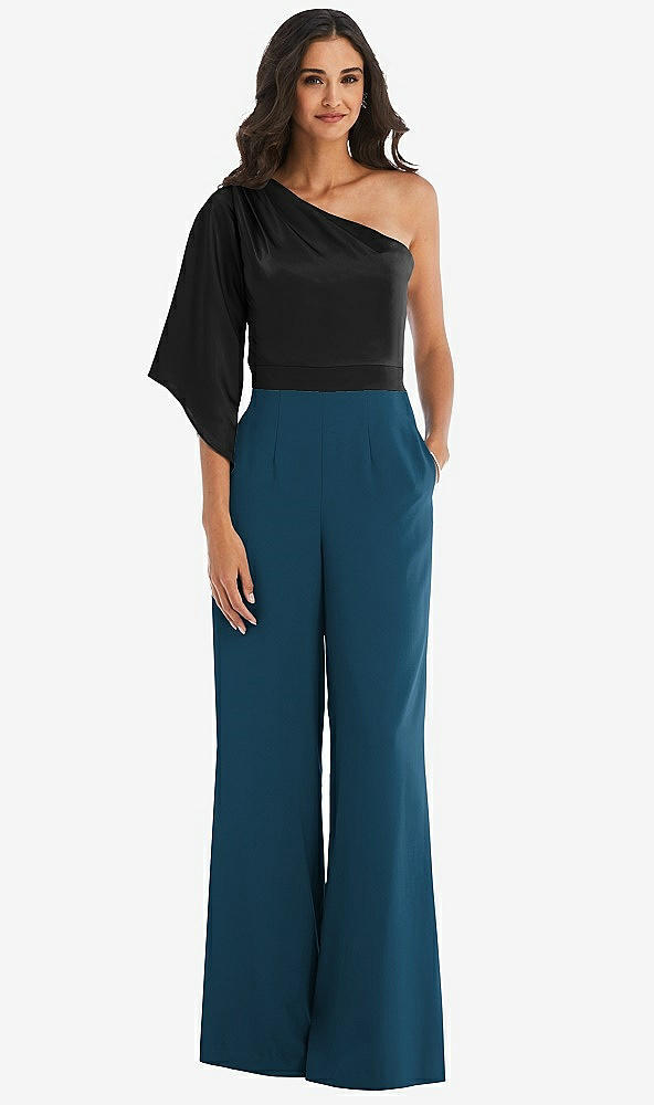 Front View - Atlantic Blue & Black One-Shoulder Bell Sleeve Jumpsuit with Pockets