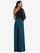 Rear View Thumbnail - Atlantic Blue & Black One-Shoulder Bell Sleeve Jumpsuit with Pockets