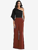 Front View Thumbnail - Auburn Moon & Black One-Shoulder Bell Sleeve Jumpsuit with Pockets