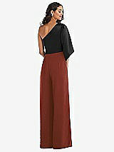 Rear View Thumbnail - Auburn Moon & Black One-Shoulder Bell Sleeve Jumpsuit with Pockets