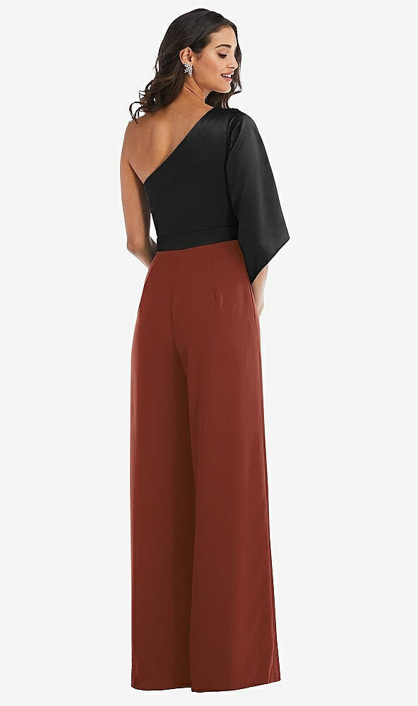 Back View - Auburn Moon & Black One-Shoulder Bell Sleeve Jumpsuit with Pockets