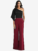 Front View Thumbnail - Burgundy & Black One-Shoulder Bell Sleeve Jumpsuit with Pockets