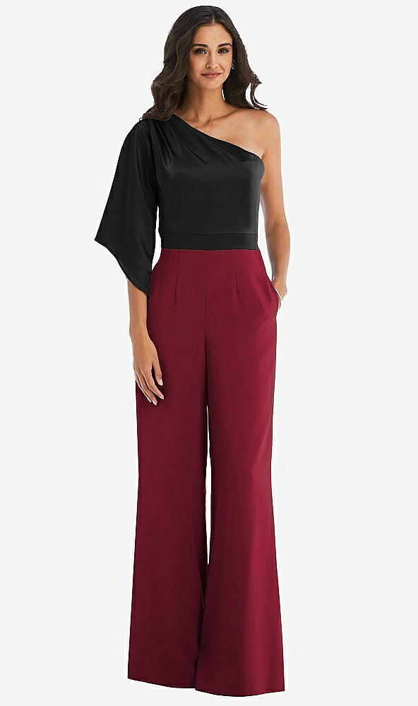Front View - Burgundy & Black One-Shoulder Bell Sleeve Jumpsuit with Pockets