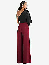 Rear View Thumbnail - Burgundy & Black One-Shoulder Bell Sleeve Jumpsuit with Pockets