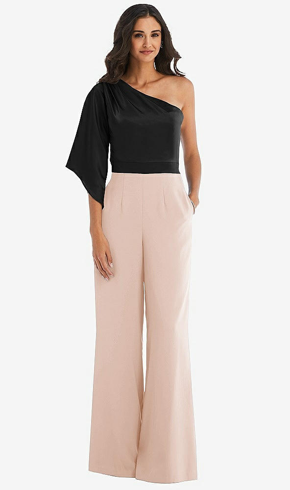 Front View - Cameo & Black One-Shoulder Bell Sleeve Jumpsuit with Pockets