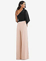 Rear View Thumbnail - Cameo & Black One-Shoulder Bell Sleeve Jumpsuit with Pockets