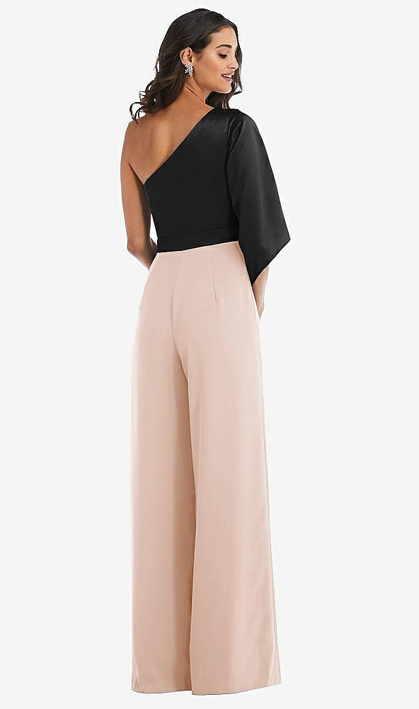 Back View - Cameo & Black One-Shoulder Bell Sleeve Jumpsuit with Pockets