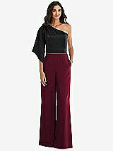 Front View Thumbnail - Cabernet & Black One-Shoulder Bell Sleeve Jumpsuit with Pockets