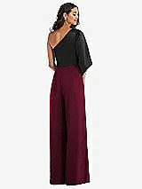 Rear View Thumbnail - Cabernet & Black One-Shoulder Bell Sleeve Jumpsuit with Pockets
