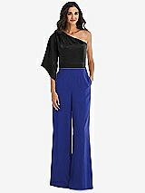 Front View Thumbnail - Cobalt Blue & Black One-Shoulder Bell Sleeve Jumpsuit with Pockets