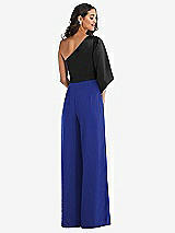 Rear View Thumbnail - Cobalt Blue & Black One-Shoulder Bell Sleeve Jumpsuit with Pockets