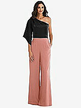 Front View Thumbnail - Desert Rose & Black One-Shoulder Bell Sleeve Jumpsuit with Pockets