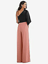 Rear View Thumbnail - Desert Rose & Black One-Shoulder Bell Sleeve Jumpsuit with Pockets