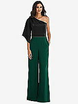 Front View Thumbnail - Hunter Green & Black One-Shoulder Bell Sleeve Jumpsuit with Pockets