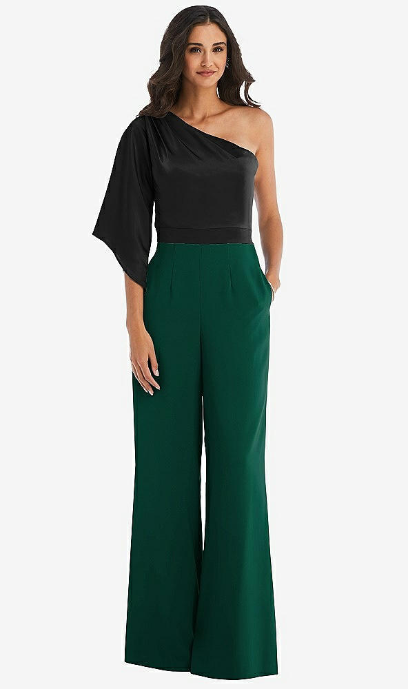 Front View - Hunter Green & Black One-Shoulder Bell Sleeve Jumpsuit with Pockets