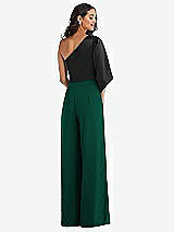 Rear View Thumbnail - Hunter Green & Black One-Shoulder Bell Sleeve Jumpsuit with Pockets