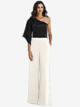 Front View Thumbnail - Ivory & Black One-Shoulder Bell Sleeve Jumpsuit with Pockets