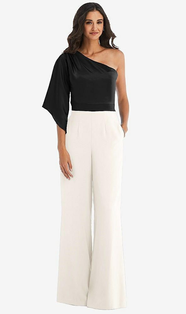 Front View - Ivory & Black One-Shoulder Bell Sleeve Jumpsuit with Pockets