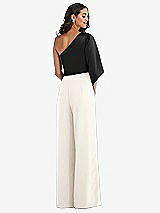 Rear View Thumbnail - Ivory & Black One-Shoulder Bell Sleeve Jumpsuit with Pockets