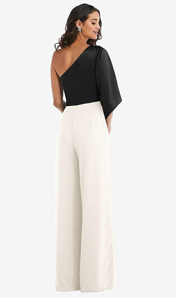 Back View - Ivory & Black One-Shoulder Bell Sleeve Jumpsuit with Pockets