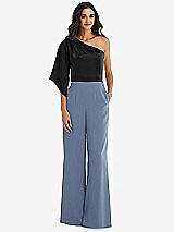 Front View Thumbnail - Larkspur Blue & Black One-Shoulder Bell Sleeve Jumpsuit with Pockets