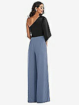 Rear View Thumbnail - Larkspur Blue & Black One-Shoulder Bell Sleeve Jumpsuit with Pockets