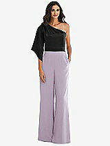 Front View Thumbnail - Lilac Haze & Black One-Shoulder Bell Sleeve Jumpsuit with Pockets