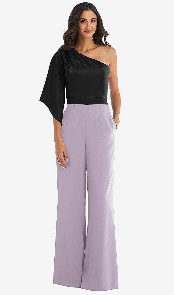 Front View - Lilac Haze & Black One-Shoulder Bell Sleeve Jumpsuit with Pockets