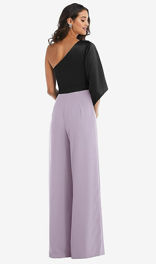 Back View - Lilac Haze & Black One-Shoulder Bell Sleeve Jumpsuit with Pockets